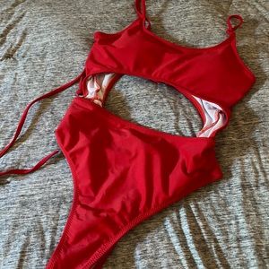 Scoop Neck Cut Out Front Lace Up Back High Cut Monokini One Piece Swimsuit